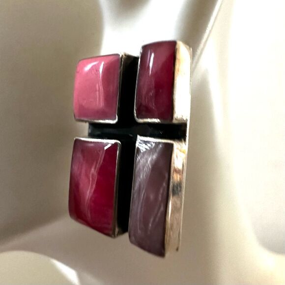 Sterling Silver  Pink Dyed Shell Earrings  Modernist Design - Picture 6 of 12